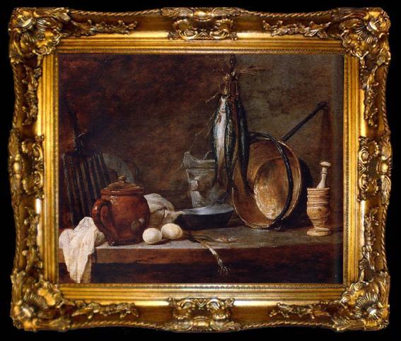 framed  Jean Baptiste Simeon Chardin Lean food with cook utensils, ta009-2